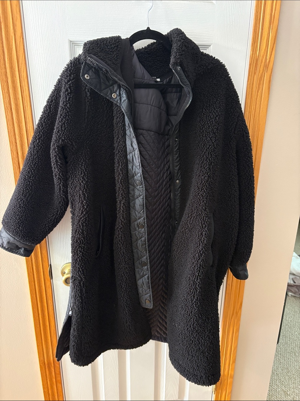 Athleta Black Faux-Sherpa Long Coat
